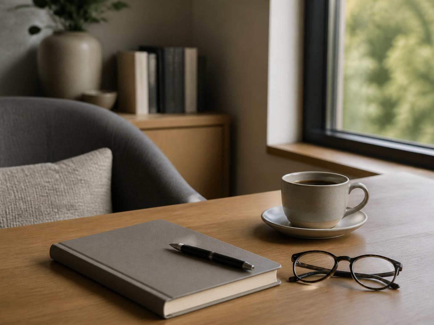 Bureau de consultation paisible avec carnet, stylo et lunettes près d'une fenêtre