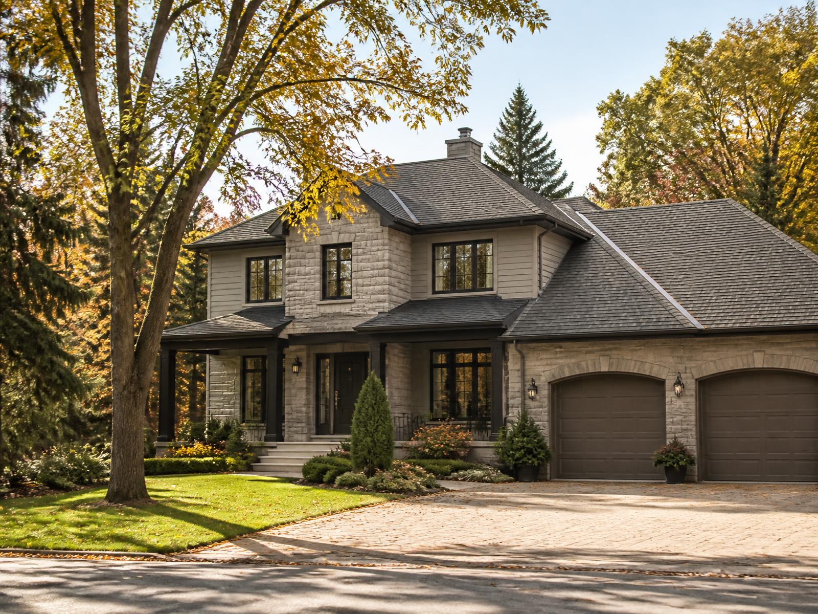 Maison résidentielle entourée d'arbres matures par une journée ensoleillée d'automne au Québec